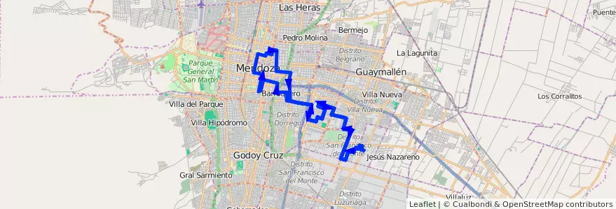 Mapa del recorrido 166 - B° UTMA - San Cayetano por Pedro Vargas de la línea G09 en Mendoza.