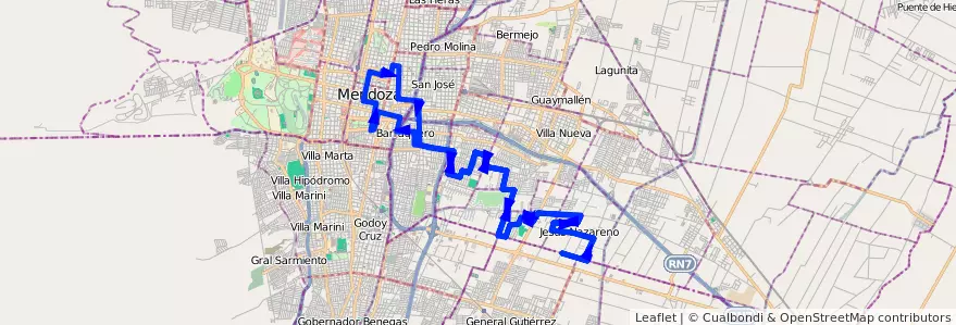 Mapa del recorrido 166 - Jesús Nazareno - Casa de Gob. por Dorrego de la línea G09 en Мендоса.