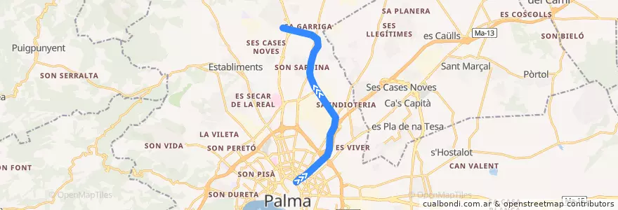 Mapa del recorrido Metro M1: Plaça d'Espanya → UIB de la línea  en ميورقة.