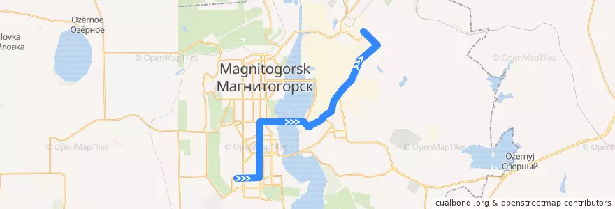 Mapa del recorrido Трамвай №3:Тевосяна — Товарная de la línea  en Магнитогорский городской округ.