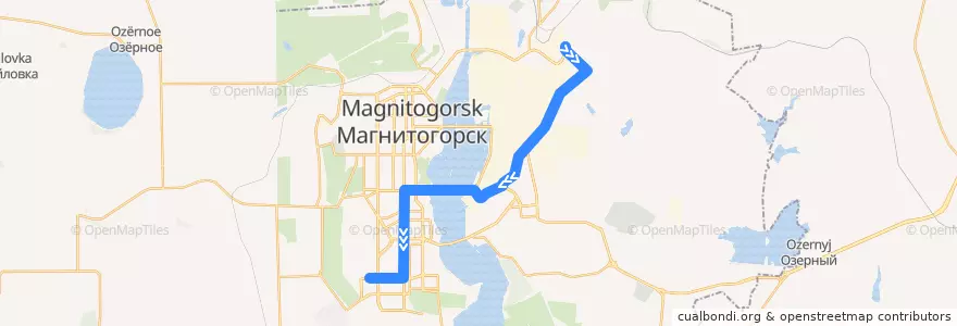 Mapa del recorrido Трамвай №3:Товарная — Тевосяна de la línea  en Магнитогорский городской округ.