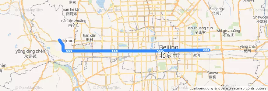 Mapa del recorrido Subway 1: 四惠东 => 苹果园 de la línea  en Pechino.