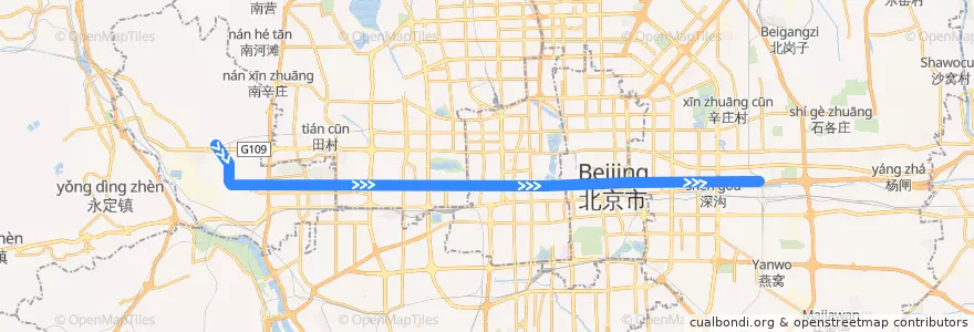 Mapa del recorrido Subway 1: 苹果园 => 四惠东 de la línea  en بكين.