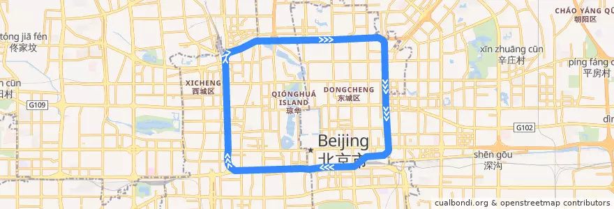 Mapa del recorrido Subway 2: 西直门 => 西直门 (顺时针) de la línea  en Pequim.