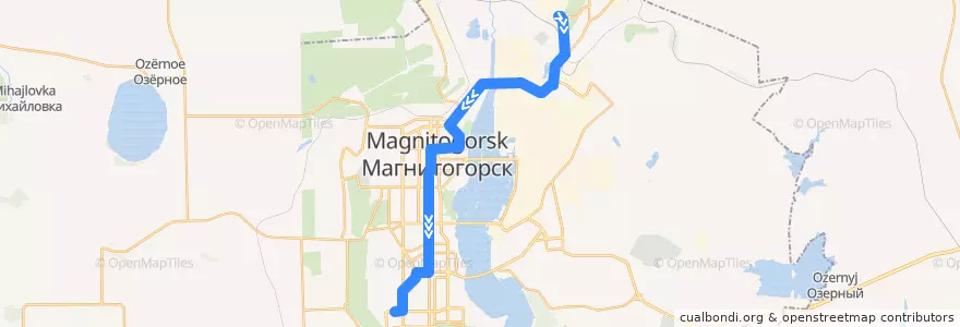Mapa del recorrido Трамвай №15:ЛПЦ — Тевосяна de la línea  en Magnitogorsk.