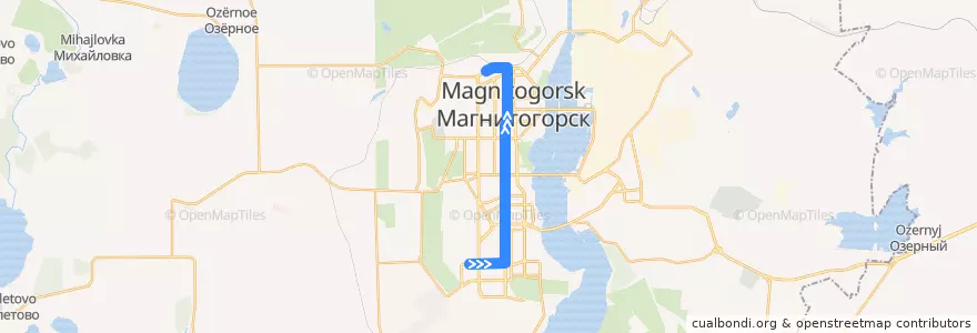 Mapa del recorrido Трамвай №17:Тевосяна - Вокзал de la línea  en Магнитогорский городской округ.