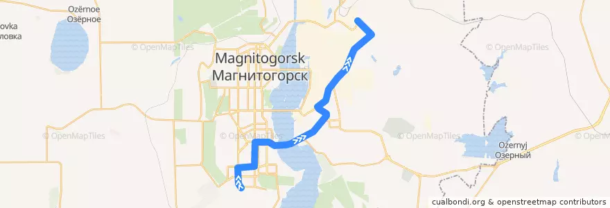 Mapa del recorrido Трамвай №10:Зеленый лог - Товарная de la línea  en Магнитогорский городской округ.