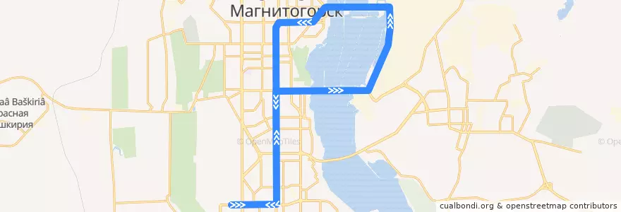 Mapa del recorrido Трамвай №22:Тевосяна - Южный переход - Ленинградская - пр.К.Маркса - Тевосяна de la línea  en Magnitogorsk.