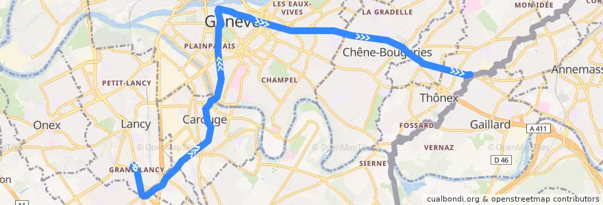 Mapa del recorrido Tram 12: Palettes → Moillesulaz de la línea  en ژنو.