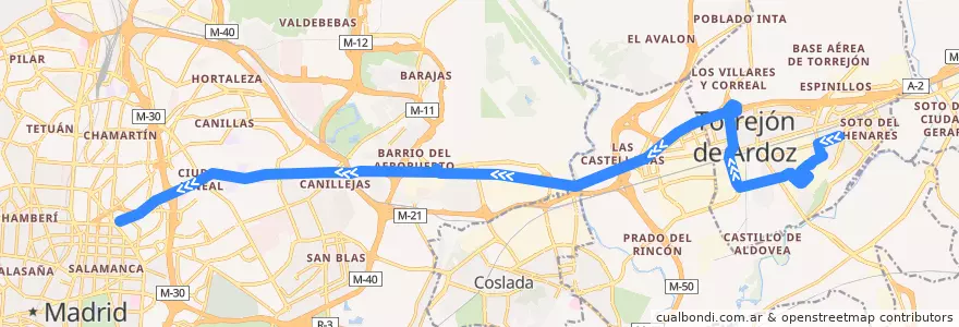 Mapa del recorrido Bus 224A: Torrejón de Ardoz (La Mancha Amarilla) → Madrid (Avenida de América) de la línea  en Área metropolitana de Madrid y Corredor del Henares.