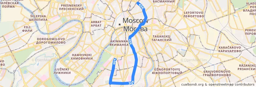 Mapa del recorrido Трамвай А: Метро «Октябрьская» => Метро «Чистые пруды» de la línea  en Moskou.