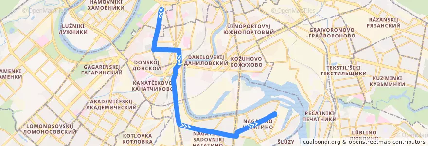 Mapa del recorrido Трамвай 47: Метро «Октябрьская» => Нагатино de la línea  en Южный административный округ.