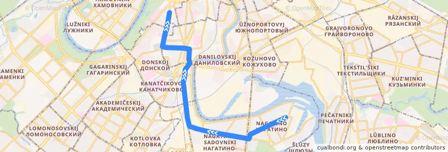 Mapa del recorrido Трамвай 47: Нагатино => Метро «Октябрьская» de la línea  en Южный административный округ.