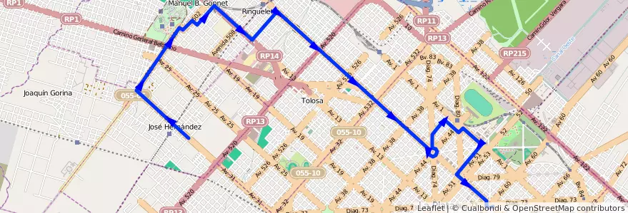 Mapa del recorrido 17 de la línea Norte en Partido de La Plata.