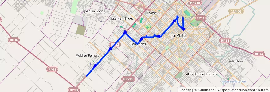 Mapa del recorrido 17 de la línea Oeste en Partido de La Plata.