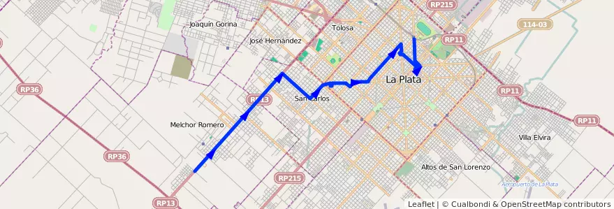 Mapa del recorrido 17 de la línea Oeste en Partido de La Plata.