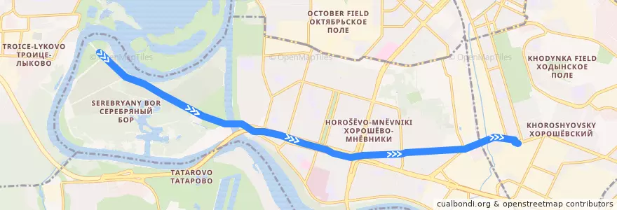 Mapa del recorrido Троллейбус 21: Берег Москвы-реки => Метро «Полежаевская» de la línea  en район Хорошёво-Мнёвники.