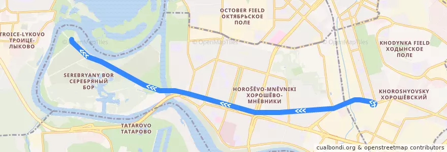 Mapa del recorrido Троллейбус 21: Метро «Полежаевская» => Берег Москвы-реки de la línea  en район Хорошёво-Мнёвники.