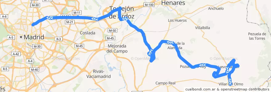 Mapa del recorrido Bus 261: Villar del Olmo → Nuevo Baztán → Madrid (Avenida de América) de la línea  en منطقة مدريد.