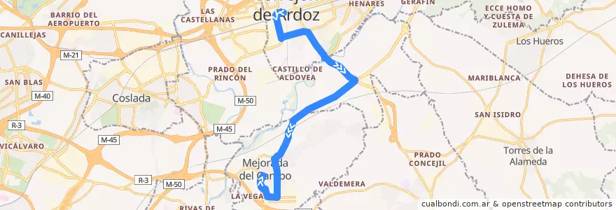 Mapa del recorrido Bus 340: Torrejón de Ardoz → Mejorada del Campo de la línea  en منطقة مدريد.