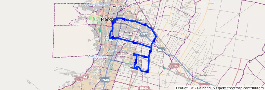 Mapa del recorrido 171 - Maipú - por Rodeo de la Cruz - Coquimbito - 173 de la línea G10 en Mendoza.