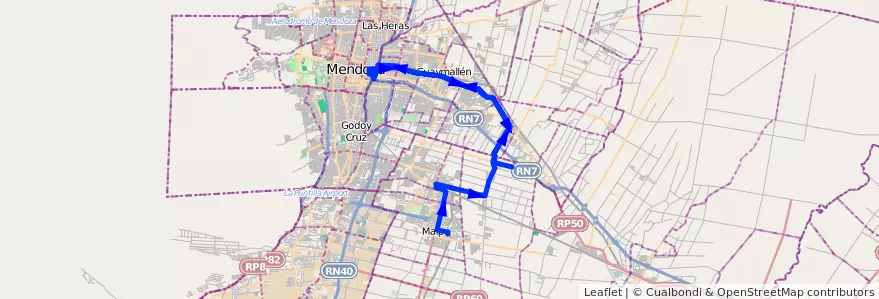 Mapa del recorrido 171 - Maipu - Rodeo de la Cruz - Mendoza - Rodeo de la Cruz - Viejo Viñedo - 171  de la línea G10 en Mendoza.