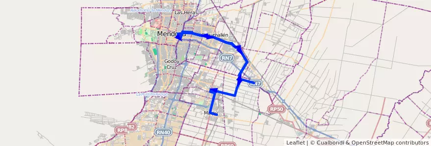 Mapa del recorrido 171 - Maipú - Rodeo de la Cruz - Ruttini - Ortega - 173 de la línea G10 en Мендоса.