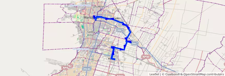 Mapa del recorrido 171 - Maipú - Rodeo de la Cruz - Viejo Viñedo - Mendoza - Rodeo - Viejo Viñedo - Maipu - 171 de la línea G10 en メンドーサ州.