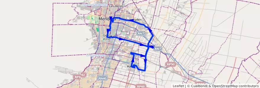 Mapa del recorrido 171 - Maipú - Viejo Viñedo - Rodeo de la Cruz - Coquimbito - 173 de la línea G10 en Mendoza.