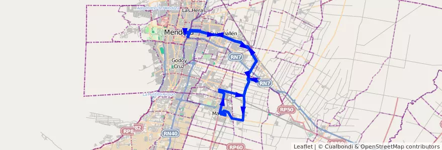 Mapa del recorrido 171 - Maipú - Viejo Viñedo - Rodeo de la Cruz - Mendoza - Rodeo de la Cruz - Maipú - 172  de la línea G10 en Mendoza.