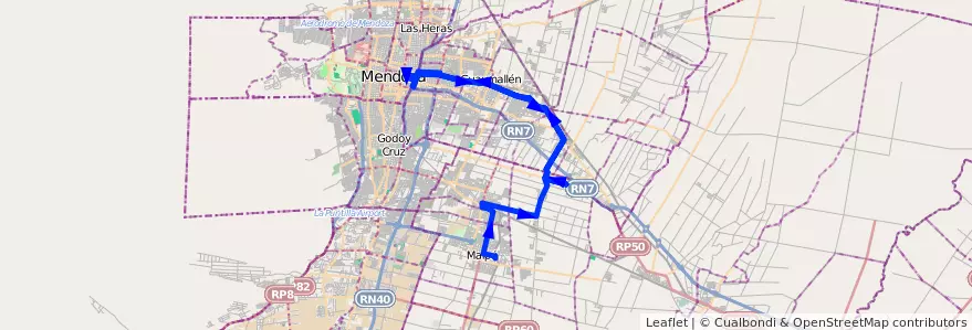 Mapa del recorrido 171 - Maipú - Viejo Viñedo - Rodeo de la Cruz - Mendoza - Rodeo de la Cruz - Viejo Viñedo - 171 de la línea G10 en Мендоса.
