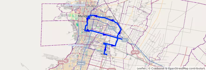 Mapa del recorrido 171 - Maipú - Viejo Viñedo - Rodeo de la Cruz - Mendoza - Rodriguez Peña - Viejo Viñedo - 173  de la línea G10 en Mendoza.