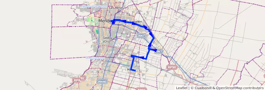 Mapa del recorrido 171 - Viejo Viñedo - Rodeo de la Cruz - Mendoza - Viejo Viñedo - Maipú - 171 de la línea G10 en Mendoza.