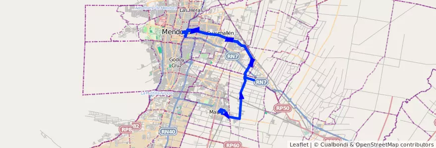 Mapa del recorrido 172 - Maipú - Rodeo de la Cruz - Mendoza - Rodeo de la Cruz - Viejo Viñedo - 171 de la línea G10 en Mendoza.