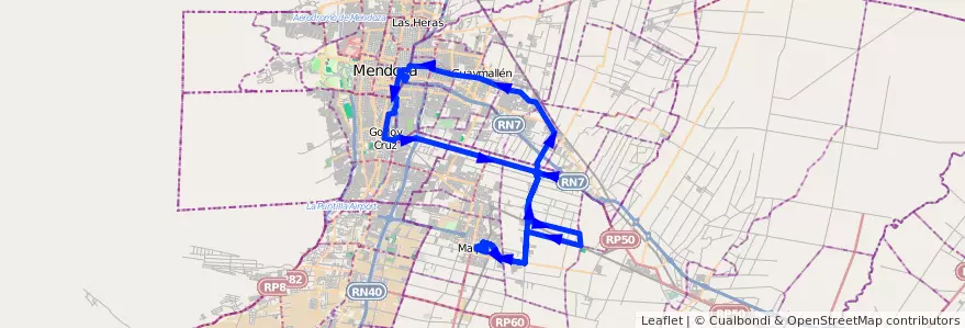 Mapa del recorrido 172 - Maipú - Rodeo de la Cruz - Ruttini - Ortega - 173 Ingresa a Viejo Viñedo de la línea G10 en Мендоса.