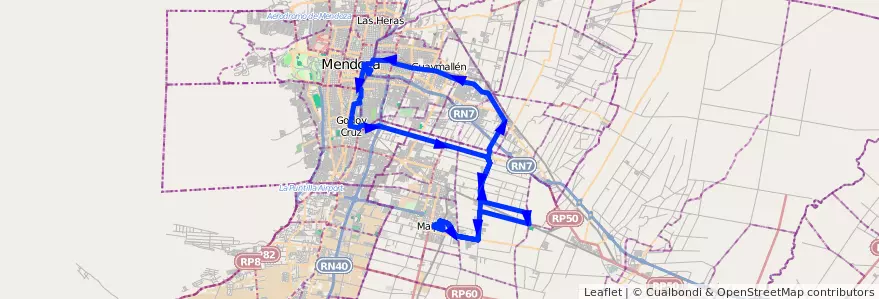 Mapa del recorrido 172 - Maipú- Rodeo de la Cruz - Ruttini - Ortega de la línea G10 en Мендоса.