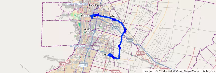 Mapa del recorrido 172 - Rodeo de la Cruz - Mendoza - Viceversa - 172 de la línea G10 en Mendoza.