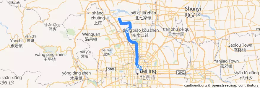 Mapa del recorrido Subway 8: 南锣鼓巷 => 朱辛庄 de la línea  en Peking.