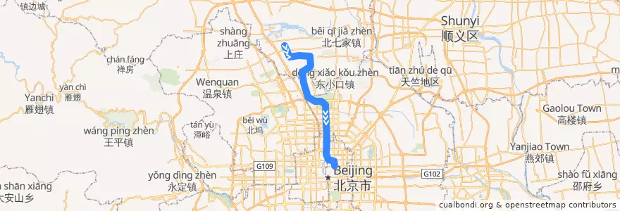 Mapa del recorrido Subway 8: 朱辛庄 => 南锣鼓巷 de la línea  en Pekín.