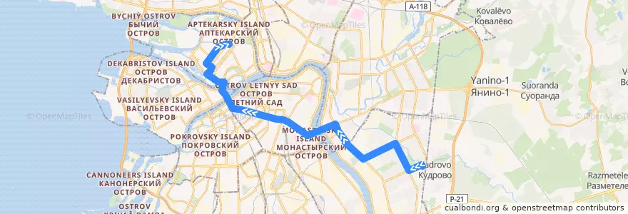 Mapa del recorrido Автобус № 191: река Оккервиль => станция метро «Петроградская» de la línea  en سانت بطرسبرغ.
