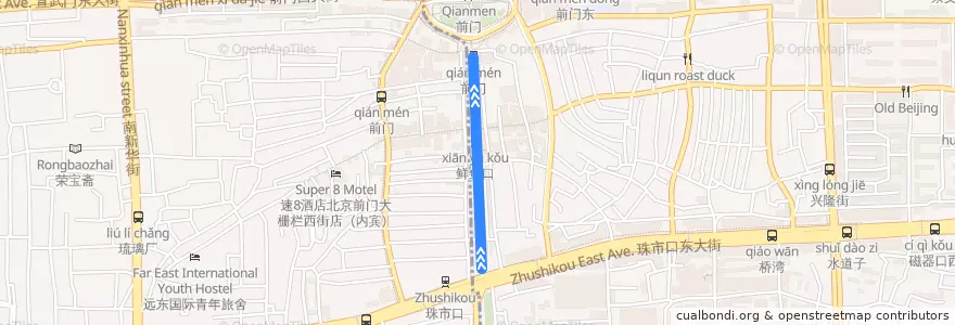 Mapa del recorrido Tram 1: 前门 => 珠市口 de la línea  en 东城区.