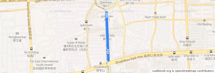 Mapa del recorrido Tram 2: 前门 => 珠市口 de la línea  en Район Дунчэн.