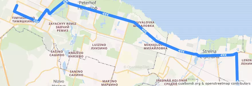Mapa del recorrido Автобус № 359: ж/д платформа "Сергиево" => Университет de la línea  en Петродворцовый район.