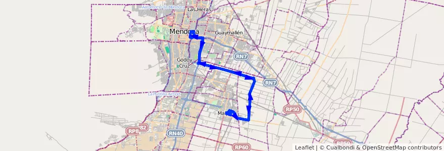 Mapa del recorrido 173 - Expreso - Maipé - Rodriguez Peña - Mendoza de la línea G10 en メンドーサ州.