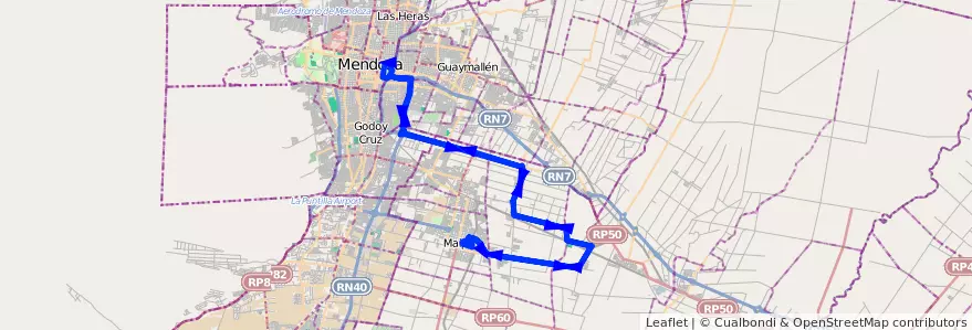 Mapa del recorrido 173 - Expreso - Maipú - Ortega - Necochea - Rodriguez Peña - Mendoza de la línea G10 en Mendoza.