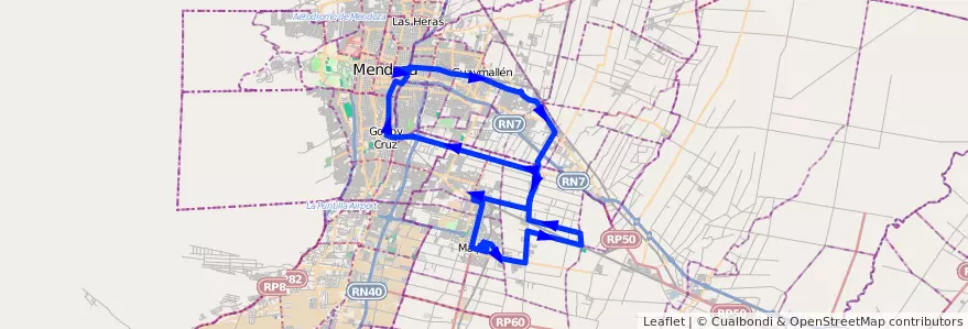 Mapa del recorrido 173 - Maipú - Ortega - Rodeo de la Cruz - 171 de la línea G10 en Mendoza.