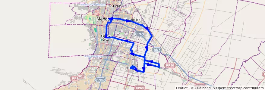 Mapa del recorrido 173 - Maipú - Ortega - Zona Alcoholera - Rodeo de la Cruz - 172 de la línea G10 en メンドーサ州.