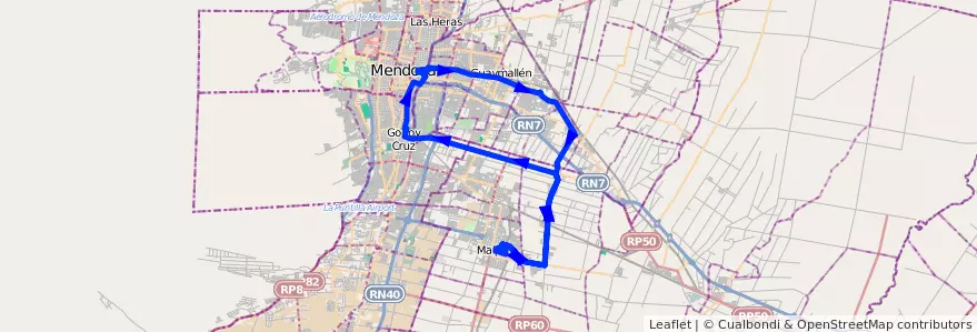 Mapa del recorrido 173 - Maipú - Rodriguez Peña - Rodeo de la Cruz - 172 de la línea G10 en Мендоса.