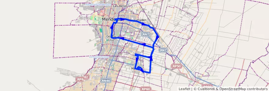 Mapa del recorrido 173 - Maipú - Rodriguez Peña - Rodeo de la Cruz - Mendoza - 171 de la línea G10 en Mendoza.