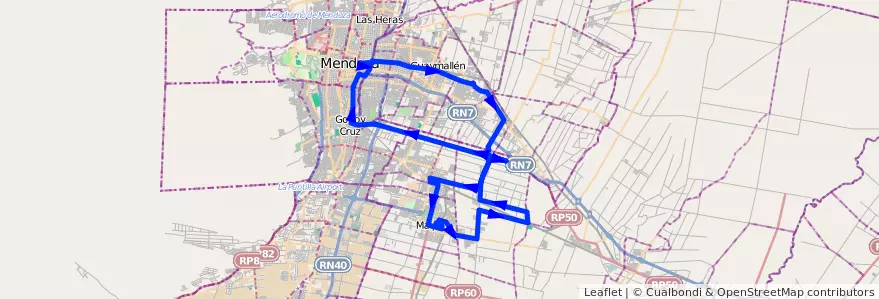 Mapa del recorrido 173 - Maipú - Rodriguez Peña - Rodeo de la Cruz - Viejo Viñedo - 171 de la línea G10 en Мендоса.